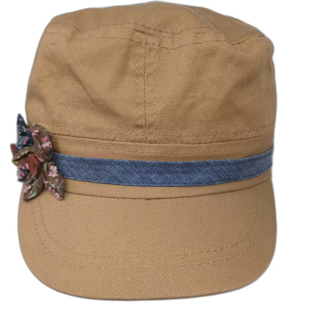 Scala Pronto Army Cap Brown Blue Cotton Hat Flower Checkered Fitted One Size